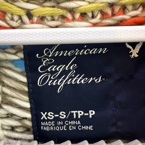 AMERICAN EAGLE Women’s Aztec Brown Multi Short Sleeve Cardigan Sz S Boho Chunky - Picture 8 of 11